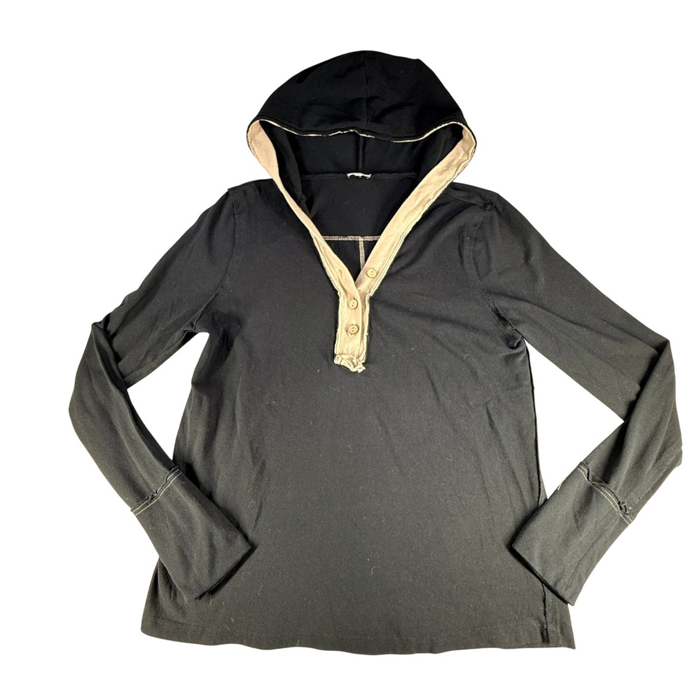 BKE Women Hoodie Henley 3-Button Long Sleeve‎ L Black Cotton Spandex Casual
